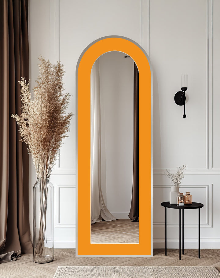 Sunburst Edge – Radiant Yellow-Orange Arch Floor Mirror