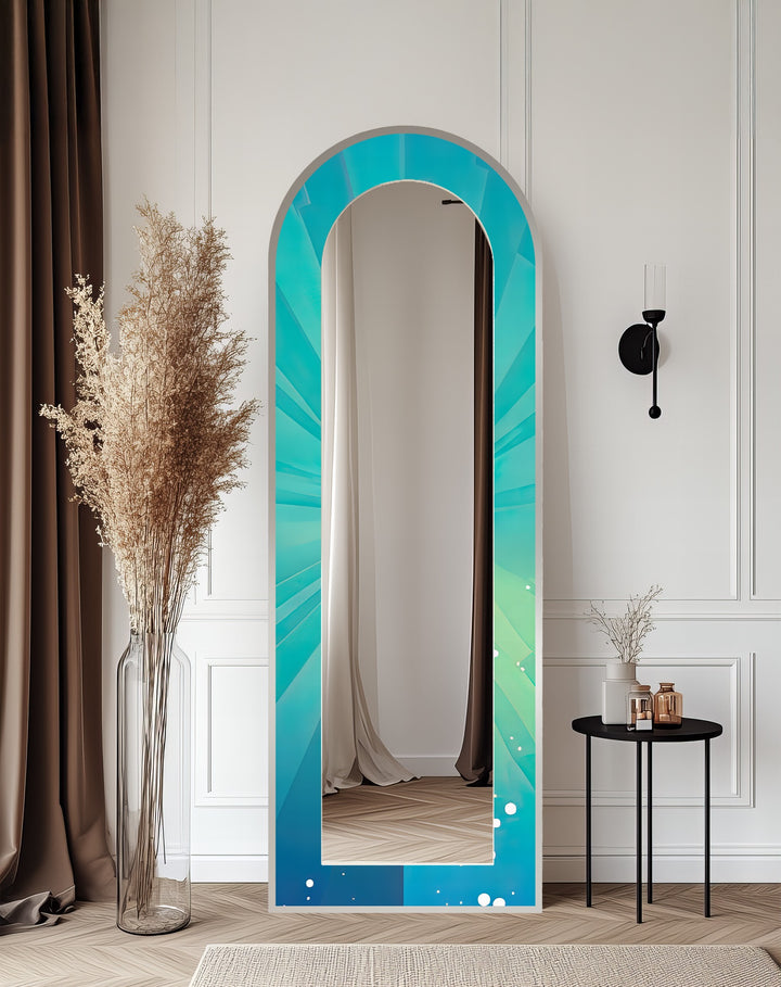Ocean Glow – Aqua Gradient Radiant Arch Abstrakter Standspiegel 