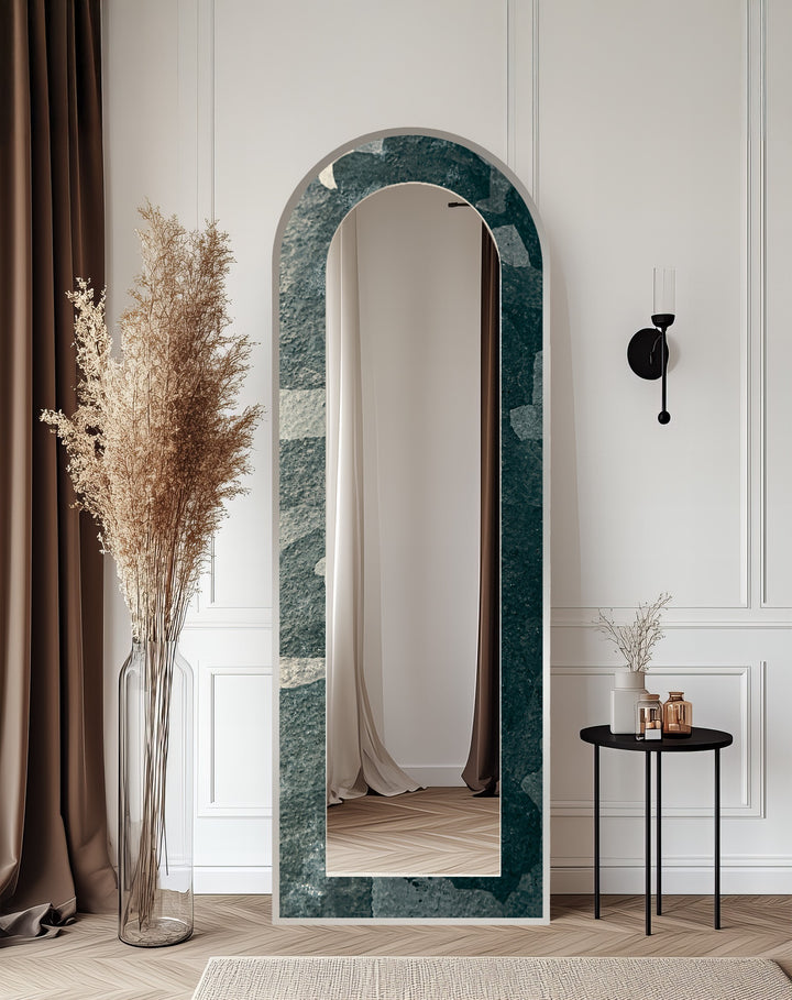 Stone Veil – Textured Deep Green Floor Mirror