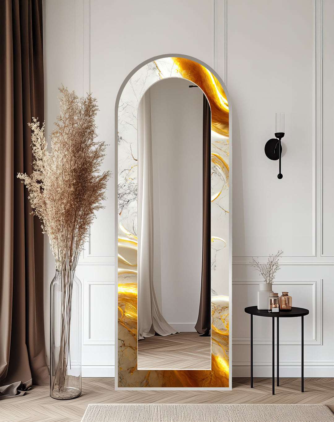 White Marble Glow – Abstract Floor Mirror