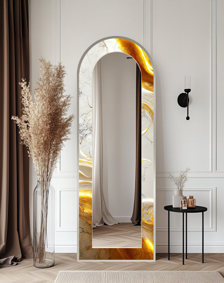White Marble Glow – Abstract Floor Mirror