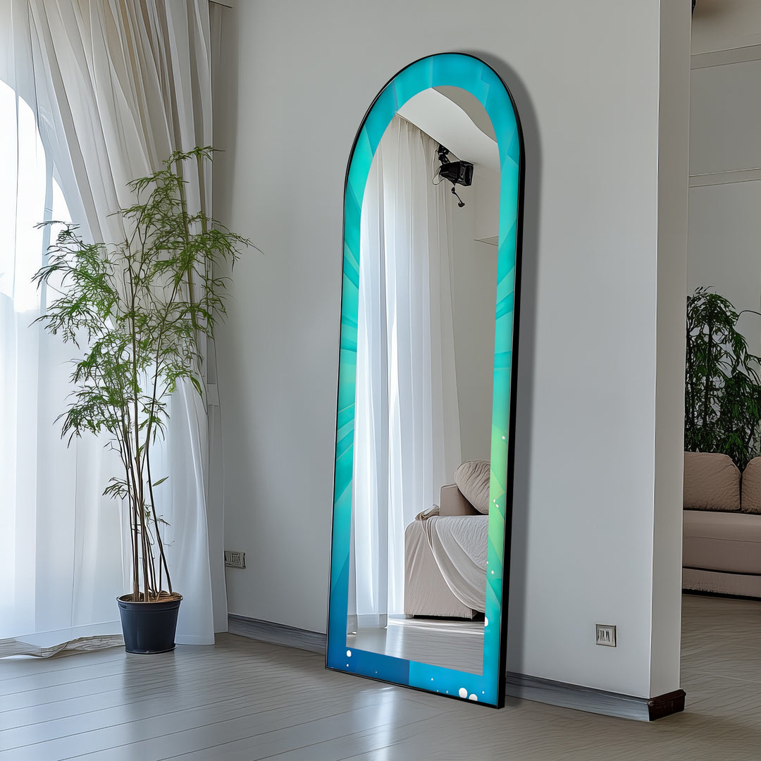 Ocean Glow – Aqua Gradient Radiant Arch Abstrakter Standspiegel 