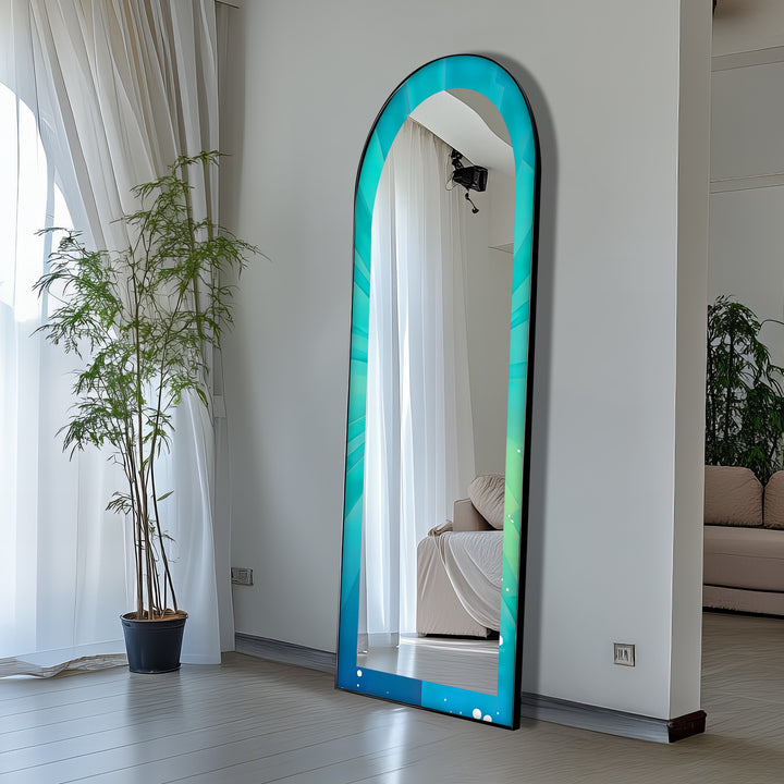 Ocean Glow – Aqua Gradient Radiant Arch Abstrakter Standspiegel 