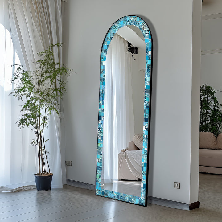 Turquoise Blue Tile-Inspired – Mosaic Floor Mirror