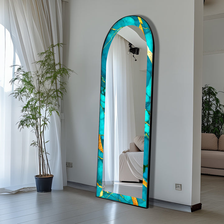 Oceanic Gold Veins – Marble Floor Mirror