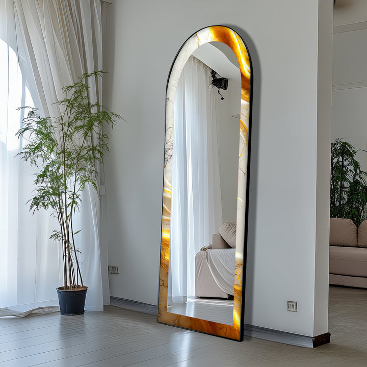 White Marble Glow – Abstract Floor Mirror