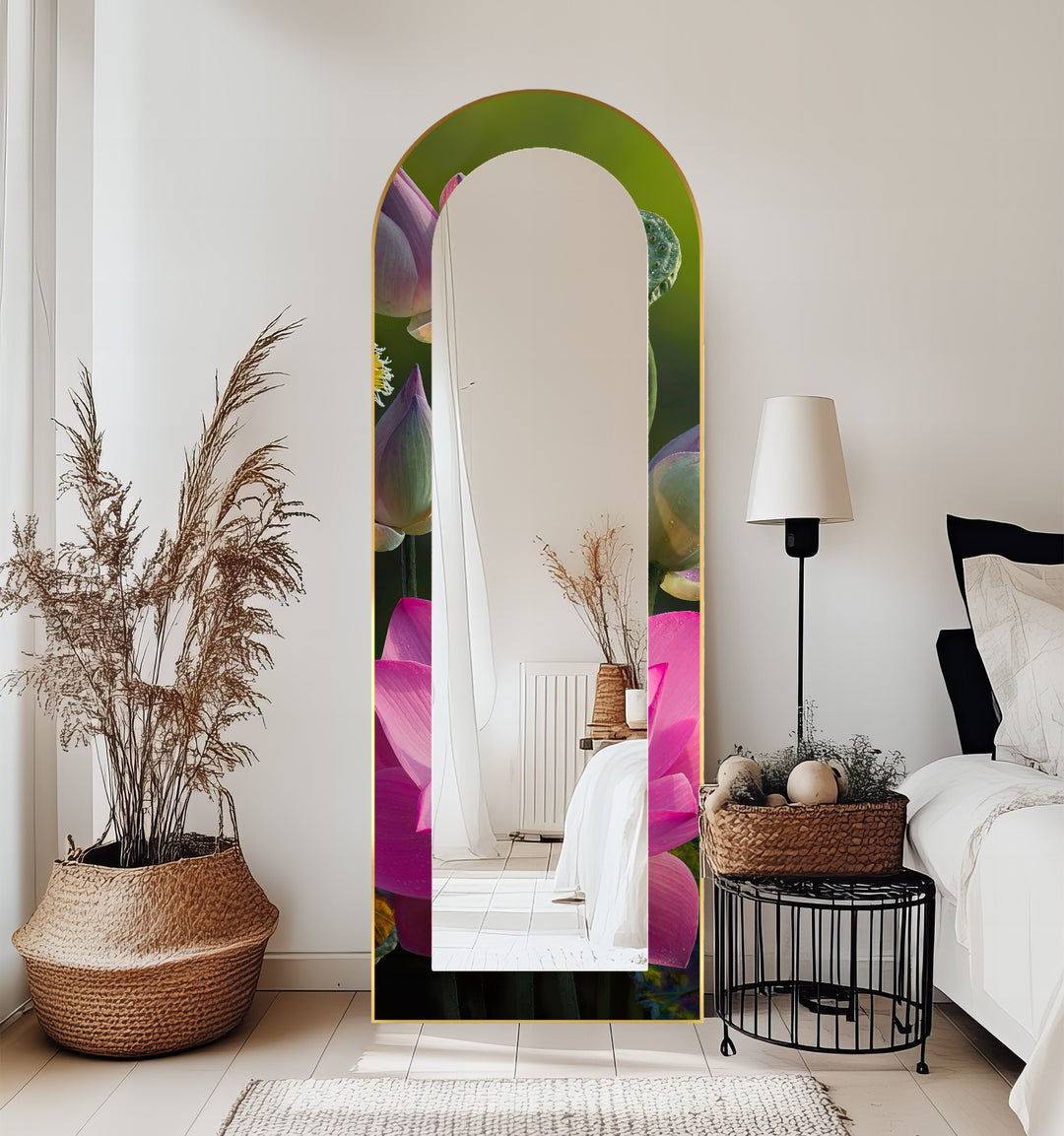Sacred Bloom – Pink Lotus Botanical Floor Mirror