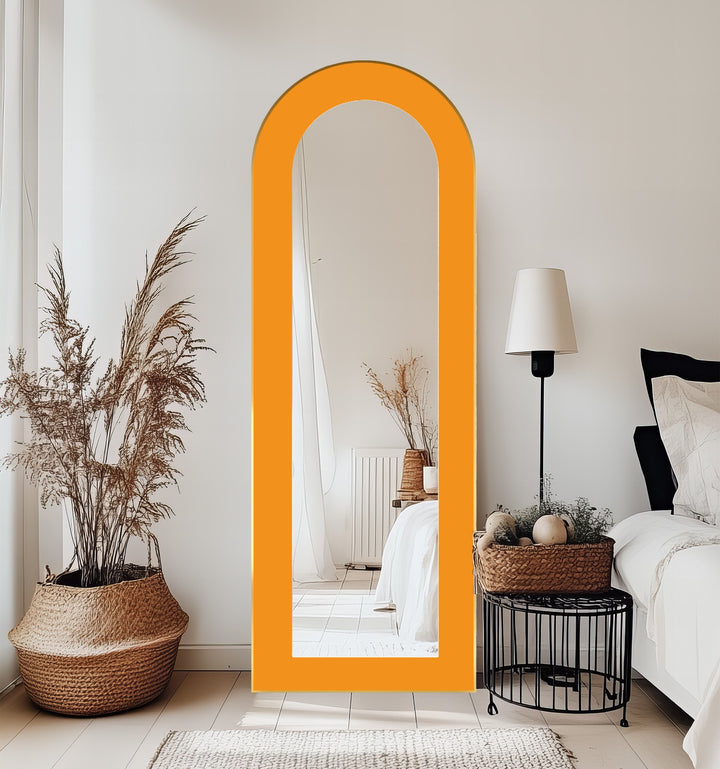 Sunburst Edge – Radiant Yellow-Orange Arch Floor Mirror