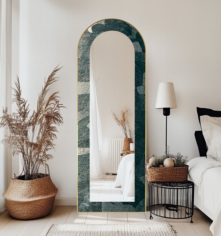 Stone Veil – Textured Deep Green Floor Mirror