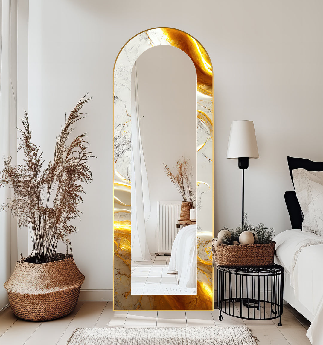 White Marble Glow – Abstract Floor Mirror
