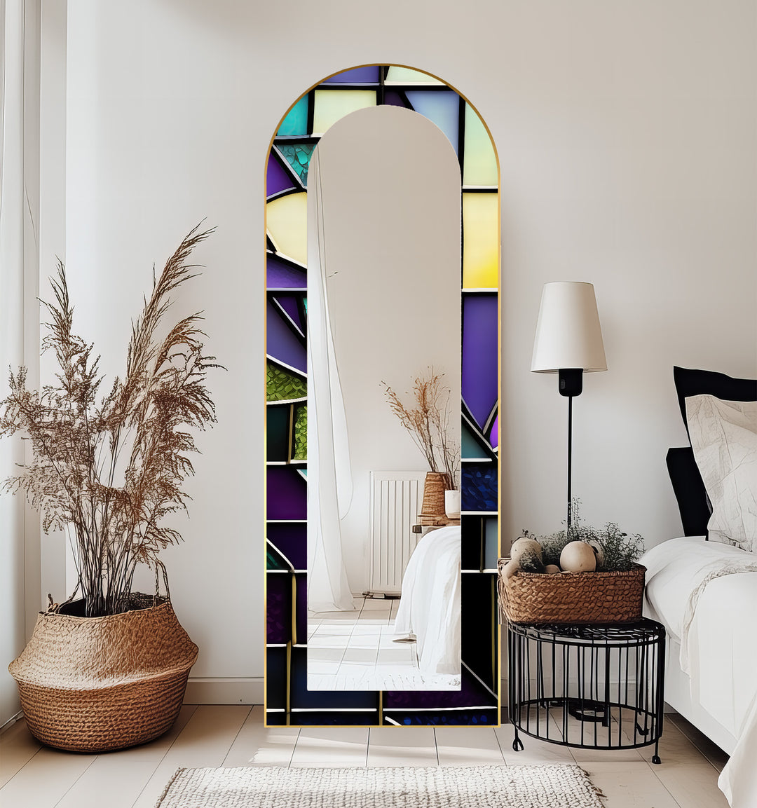 Modernes geometrisches Paneeldesign – gebeizter Standspiegel 