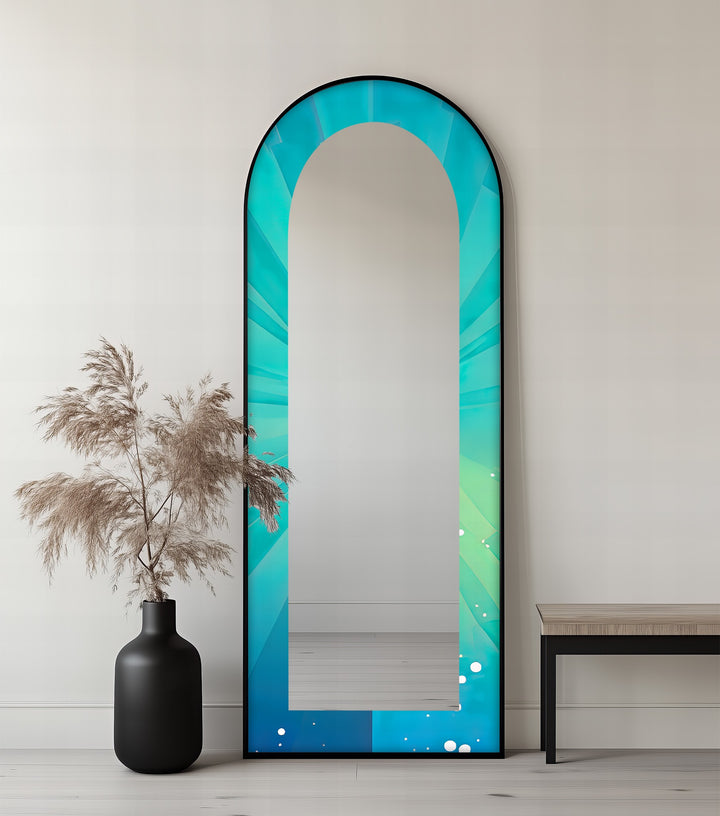 Ocean Glow – Aqua Gradient Radiant Arch Abstrakter Standspiegel 
