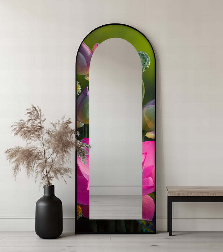 Sacred Bloom – Pink Lotus Botanical Floor Mirror
