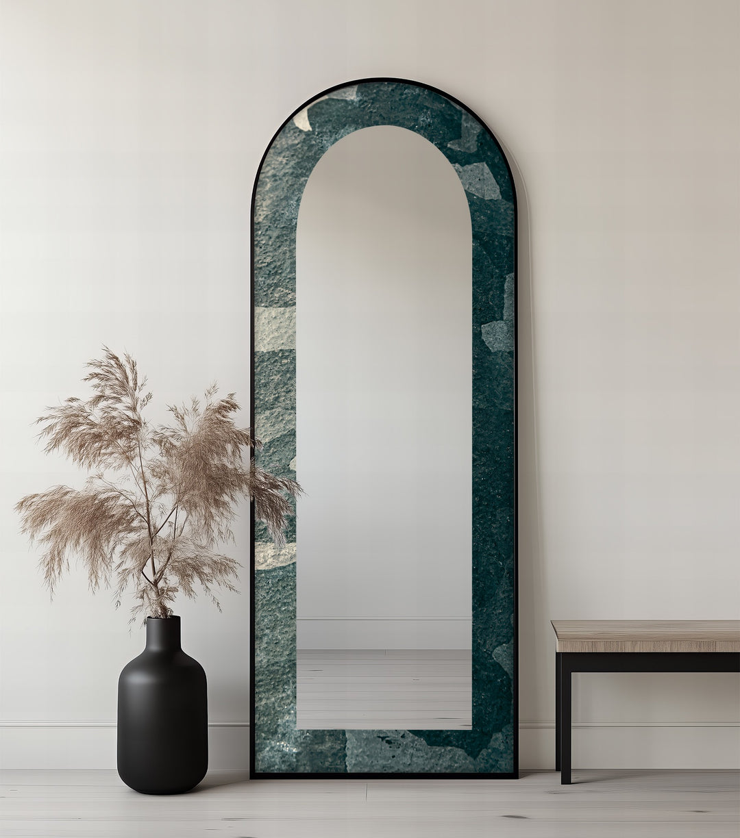 Stone Veil – Textured Deep Green Floor Mirror