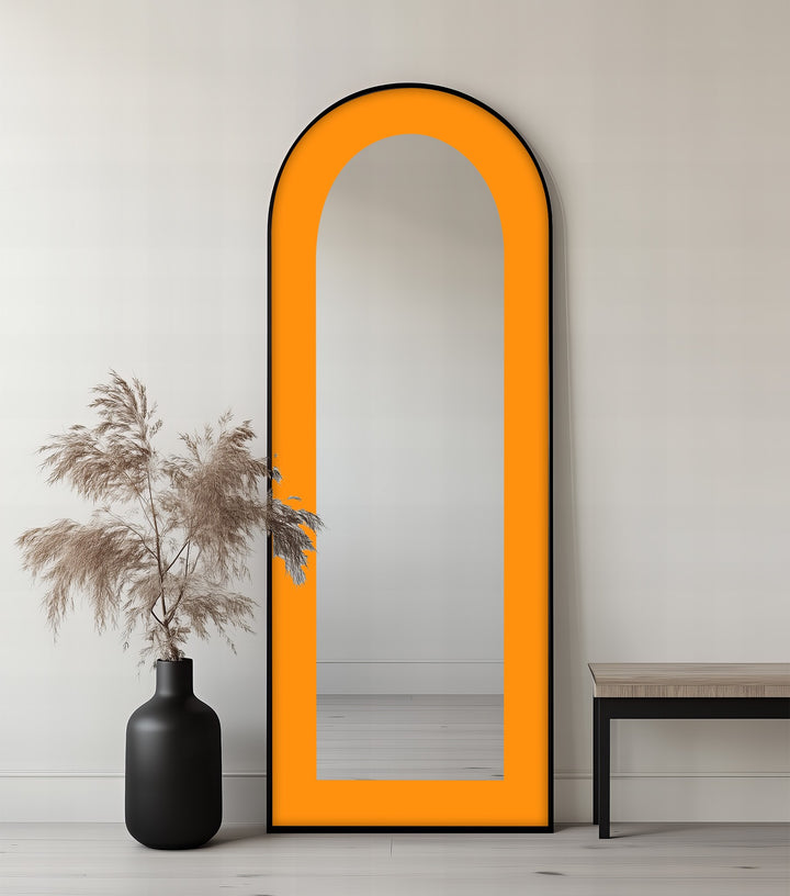 Sunburst Edge – Radiant Yellow-Orange Arch Floor Mirror