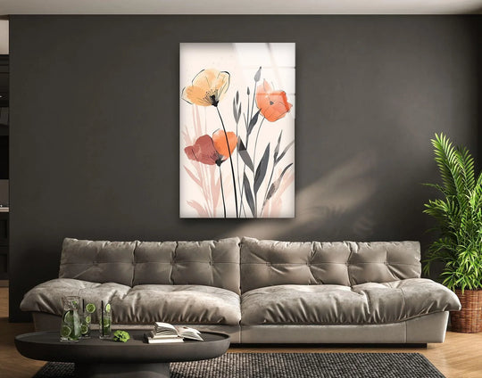 The organic forms of watercolor floral plants emerge as decorative wall art, featuring translucent blooms and delicate botanical illustrations in a minimalist design.