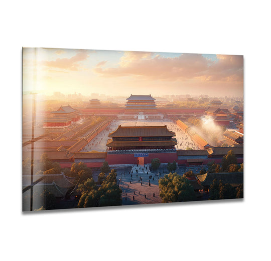 Visual rhythm is created through the repetitive architecture in this Forbidden City glass wall art decor, with buildings and trees harmoniously arranged.