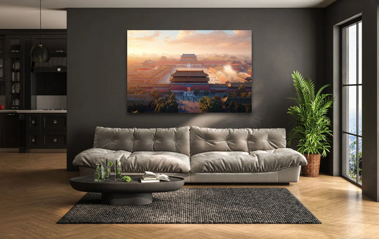 Featuring a sleek finish, the Forbidden City glass wall art prints present a modern, frameless look, enhancing the fine details of the cityscape.
