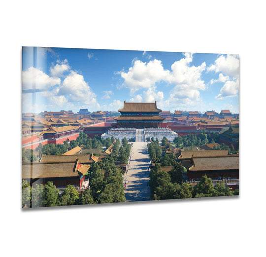 Layering creates depth in this Forbidden City blue glass wall art print, a stunning example of modern wall art prints showcasing intricate architectural details.