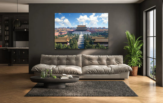 Emphasizing the sense of movement, the eye is drawn through this Forbidden City tempered glass wall art's expansive grounds with dynamic perspective.