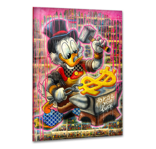 Observing the transition between colors, this Forge Your Luck glass wall art featuring Scrooge McDuck forges a vibrant home decor piece with bright pink hues against a backdrop of comic panels.