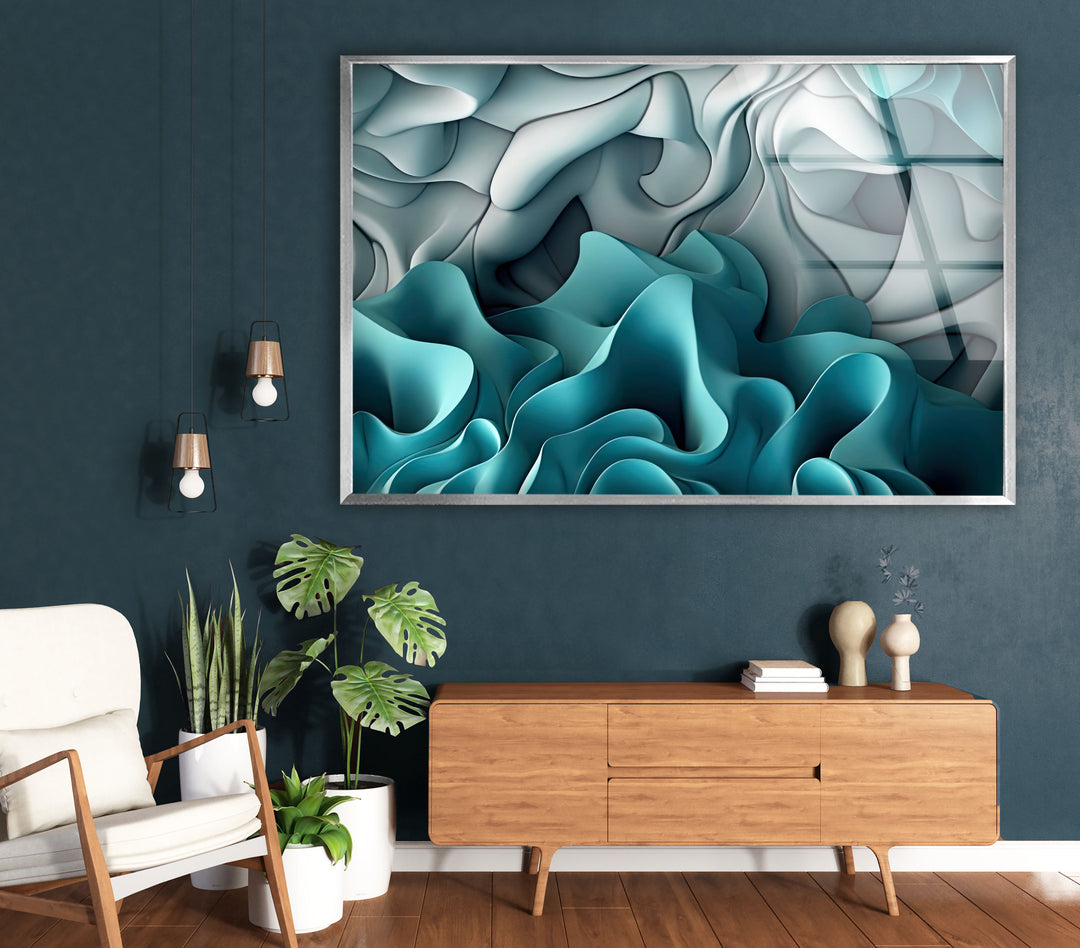 Aqua Dreamscape Wandkunst – Blaugrüner und grauer abstrakter Glasdruck 