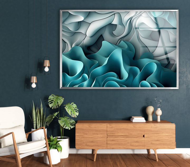Aqua Dreamscape Wandkunst – Blaugrüner und grauer abstrakter Glasdruck 