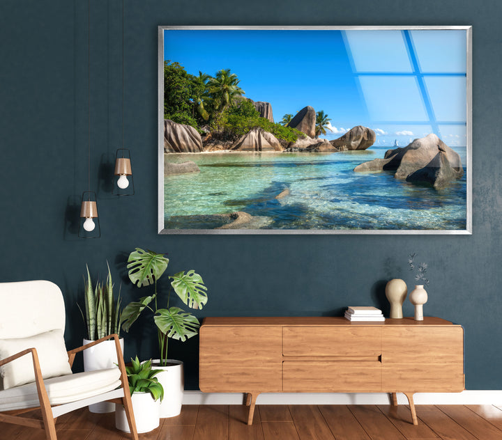 Tropical Rock Coast Wall Art – Crystal Blue Ocean Glass Print