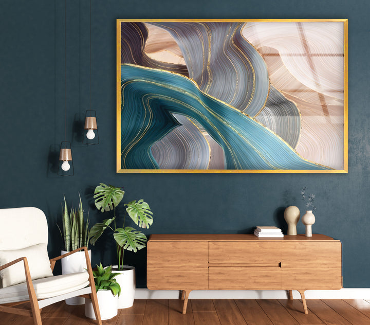Goldene Adern Abstrakte Wandkunst – Blauer und beiger Glasdruck 