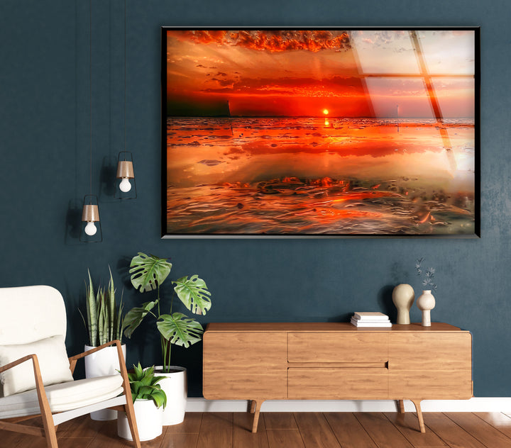 Feurige Sonnenuntergangsküste Wandkunst – Lebendiger Ozean-Glasdruck 