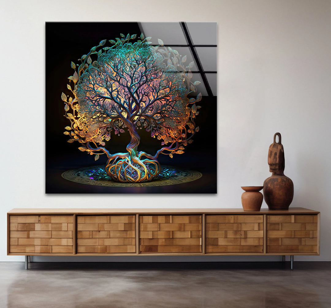 Mystical Tree of Life Wall Art – Colorful Spiritual Glass Print for Sacred and Boho Interiors - MyPhotoStation