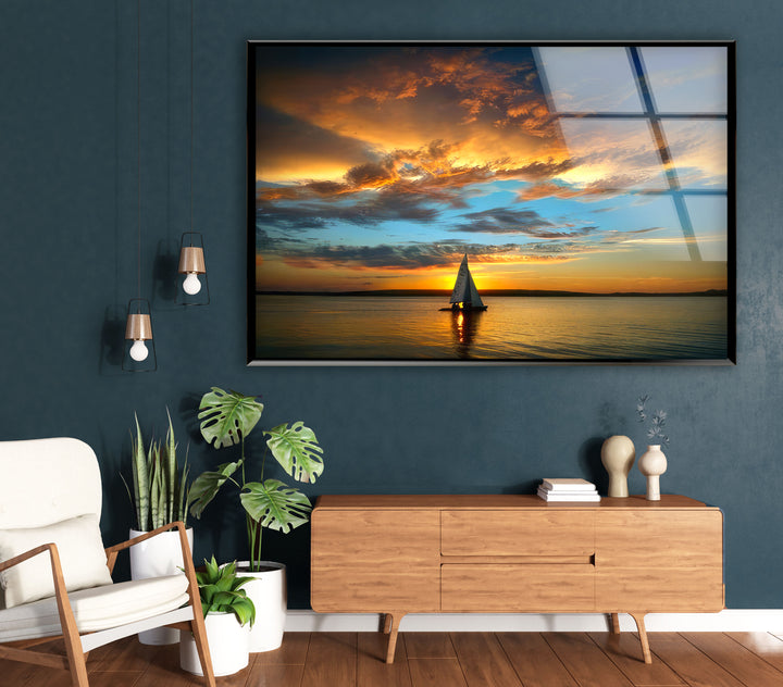 Golden Horizon Wall Art – Sailboat Sunset Glass Print