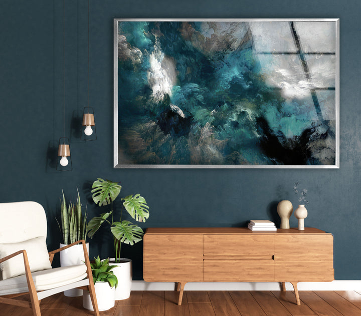 Ocean Storm Wall Art – Abstract Blue Turbulent Wave Glass Print