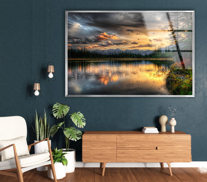 Sunset Lake Wall Art – Serene Forest Landscape Glass Print