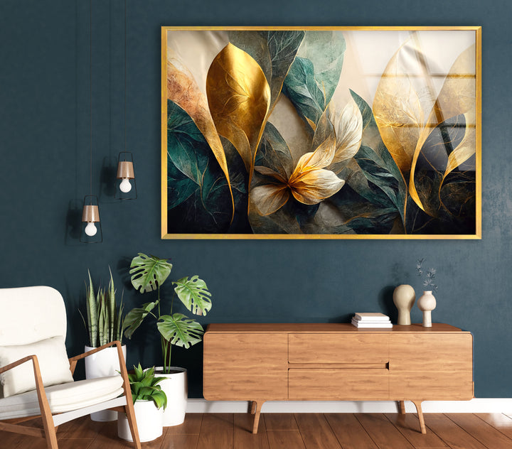Goldene botanische Wandkunst – Luxuriöser floraler Glasdruck 