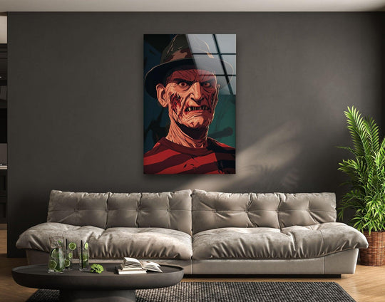 Vertically-oriented rectangular dark striped nightmare portrait glass wall art offers stylish home decoration showcasing a vivid cinematic character.
