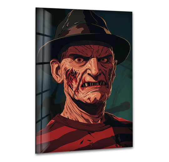 Striking color contrast highlights the horror character in this dark striped nightmare portrait glass wall art, a unique piece of home decor.