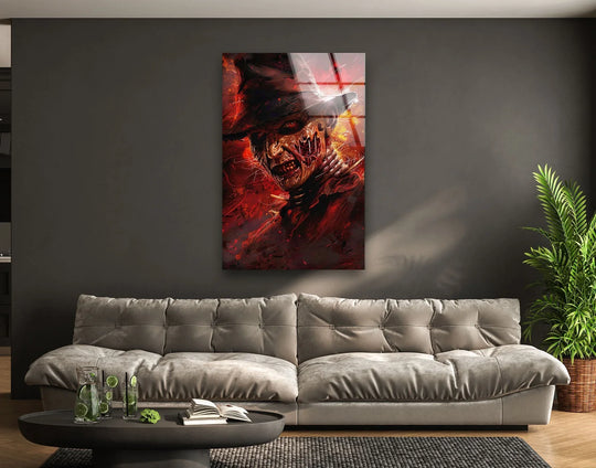 Vivid burning nightmare portrait showcased in high-quality glass art with tempered features and a sleek finish, enhancing the dramatic horror wall decor.
