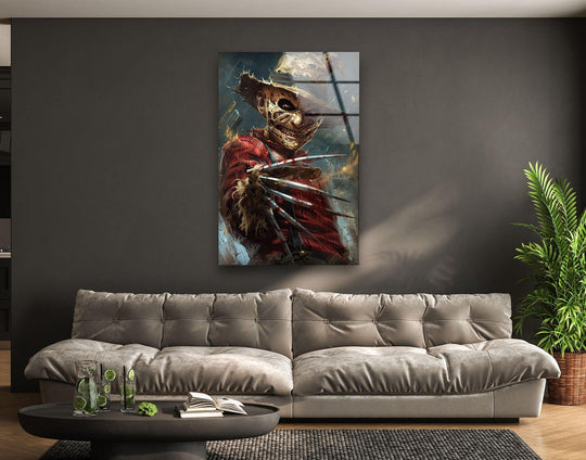 Colors transition subtly across the scarecrow claw figure portrait glass wall art, enriching the home decor with a cinematic, sinister charm.