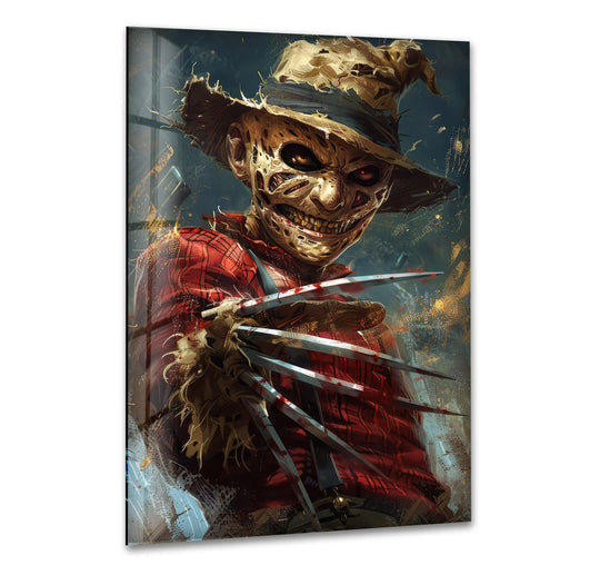 Textured surface of the scarecrow claw figure portrait glass hanging wall art reveals the chilling details of the sinister character's menacing metal claws.