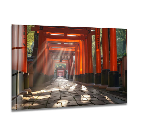 Sunlight streams through the vermillion torii gates in this Fushimi Inari Taisha road decorative wall art, illuminating the stone path.