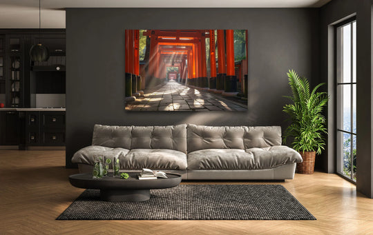 Tempered glass finish enhances this Fushimi Inari Taisha Road scene with a sleek and modern appeal in this unique glass wall artwork.