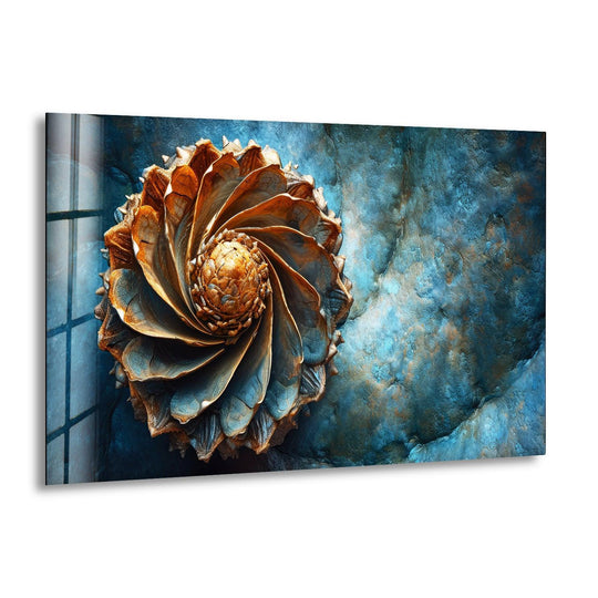 Golden spiral glass wall art displays dominant deep blue hues across a textured surface.