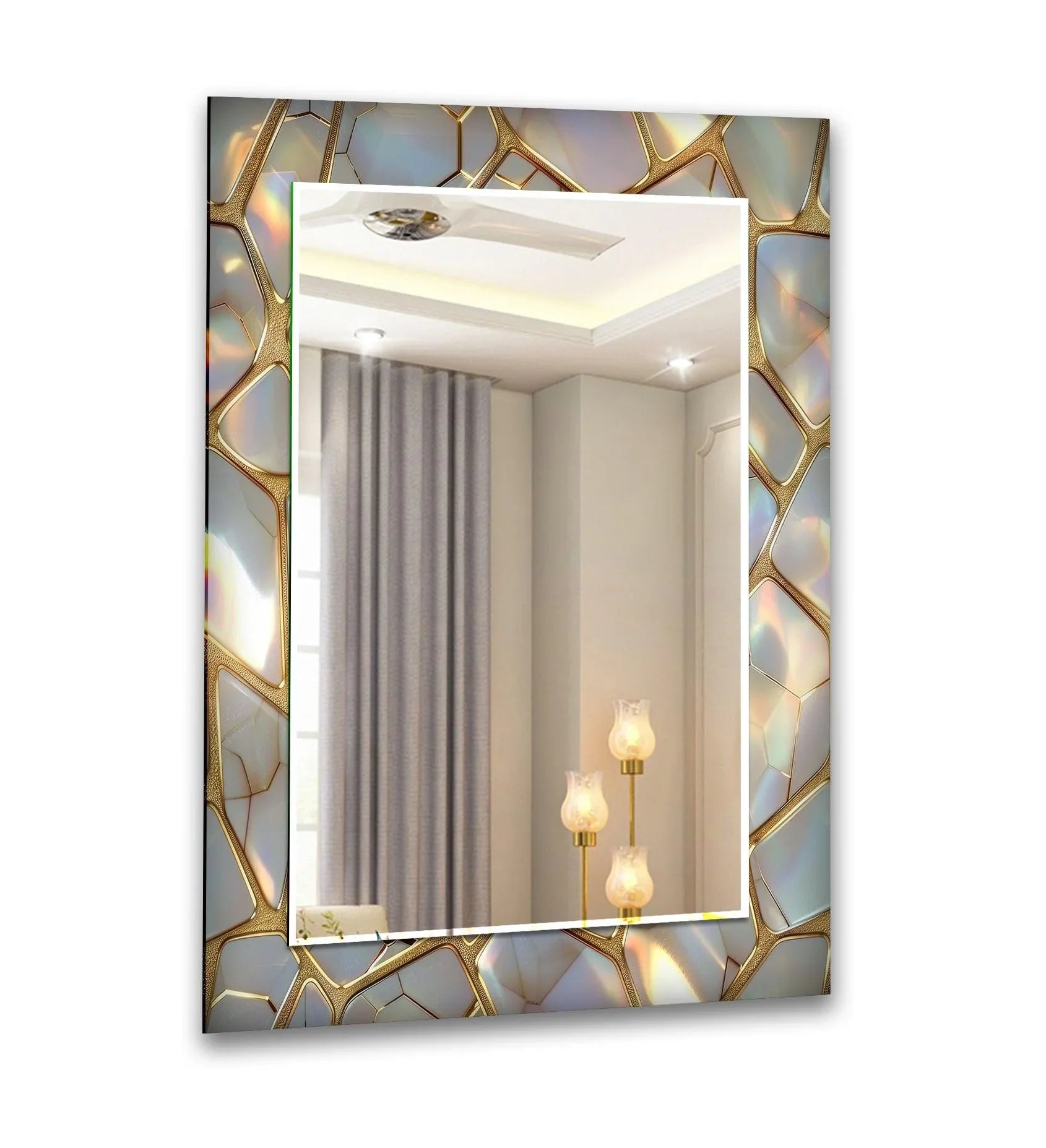 Shifting from pearlescent hues to glittering gold, this Golden Marble Design wall mirror showcases a beautiful transition of colors reminiscent of stained glass wall mirror artistry.