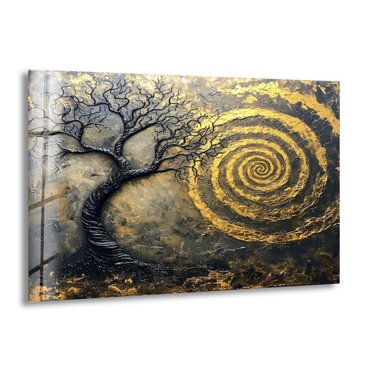 Rectangular glass wall artwork featuring a prominent golden spiral shape to the right of a dark, textured tree.