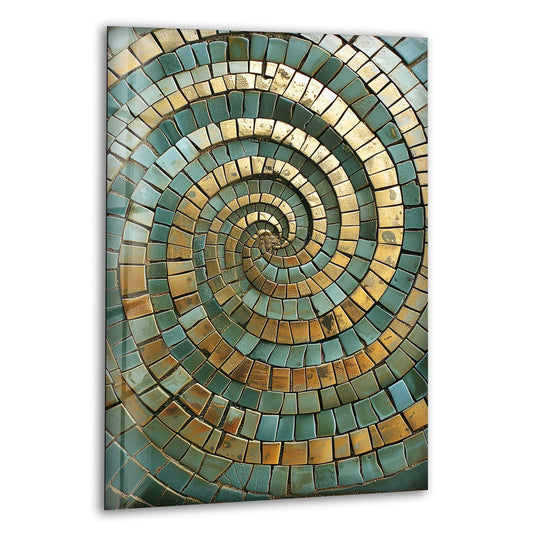 The edge of this glass printing art features a swirling mosaic of gold and teal tiles, creating a unique spiral design.