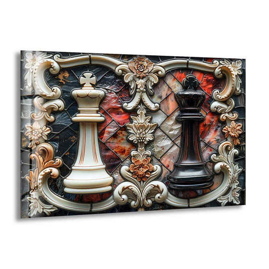 The majestic white and black chess kings exude a regal mood on this striking cool art glass wall print.