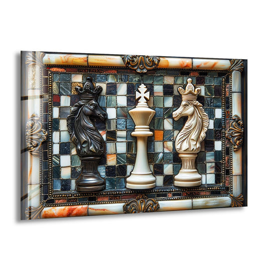 Horizontal rectangle glass wall art displays a king and two knights chess pieces in a 3d relief effect against a mosaic tile board.