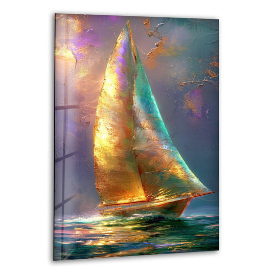 A dramatic sky with textured purple and gold hues serves as the backdrop for this stunning art from glass sailboat scene.