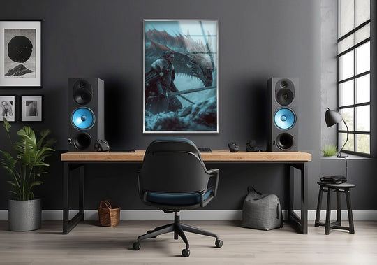 Black negative space surrounds the striking snow warrior and ice dragon image, showcasing the modern fantasy art through high-quality glass printing.